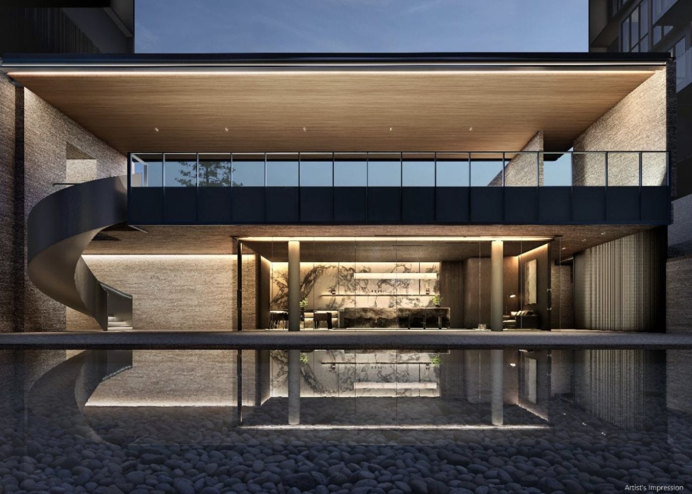 Double-volume lobby lounge with reflecting pool and spiral staircase at dusk